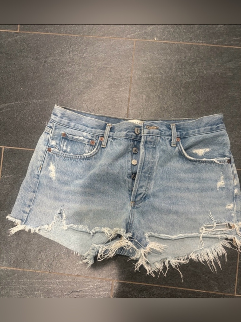 Agolde Light Blue Distressed Parker Denim Cutoff Shorts